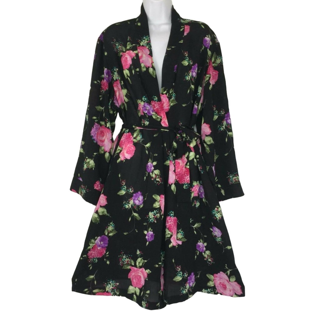 Ivy & Annabelle Robe Dressing Gown Size L Silky Poly Floral Pink Roses on Black